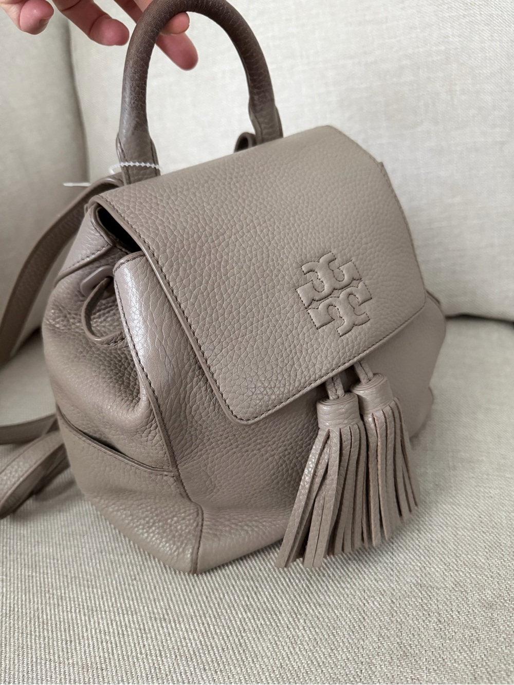 Tory Burch Taupe Pebbled Leather Mini Backpack with Tassels